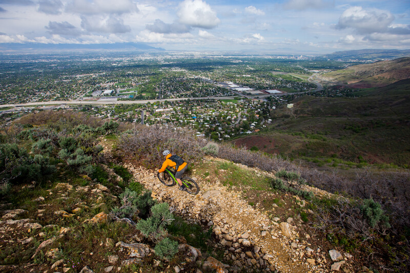 A mountain biker rides a segment of the Bonneville Shoreline Trail above Salt Lake City, Utah.